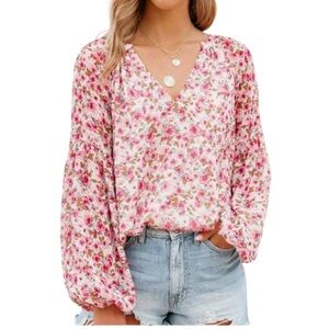 Dokotoo Boho Pink Floral Peasant Blouse